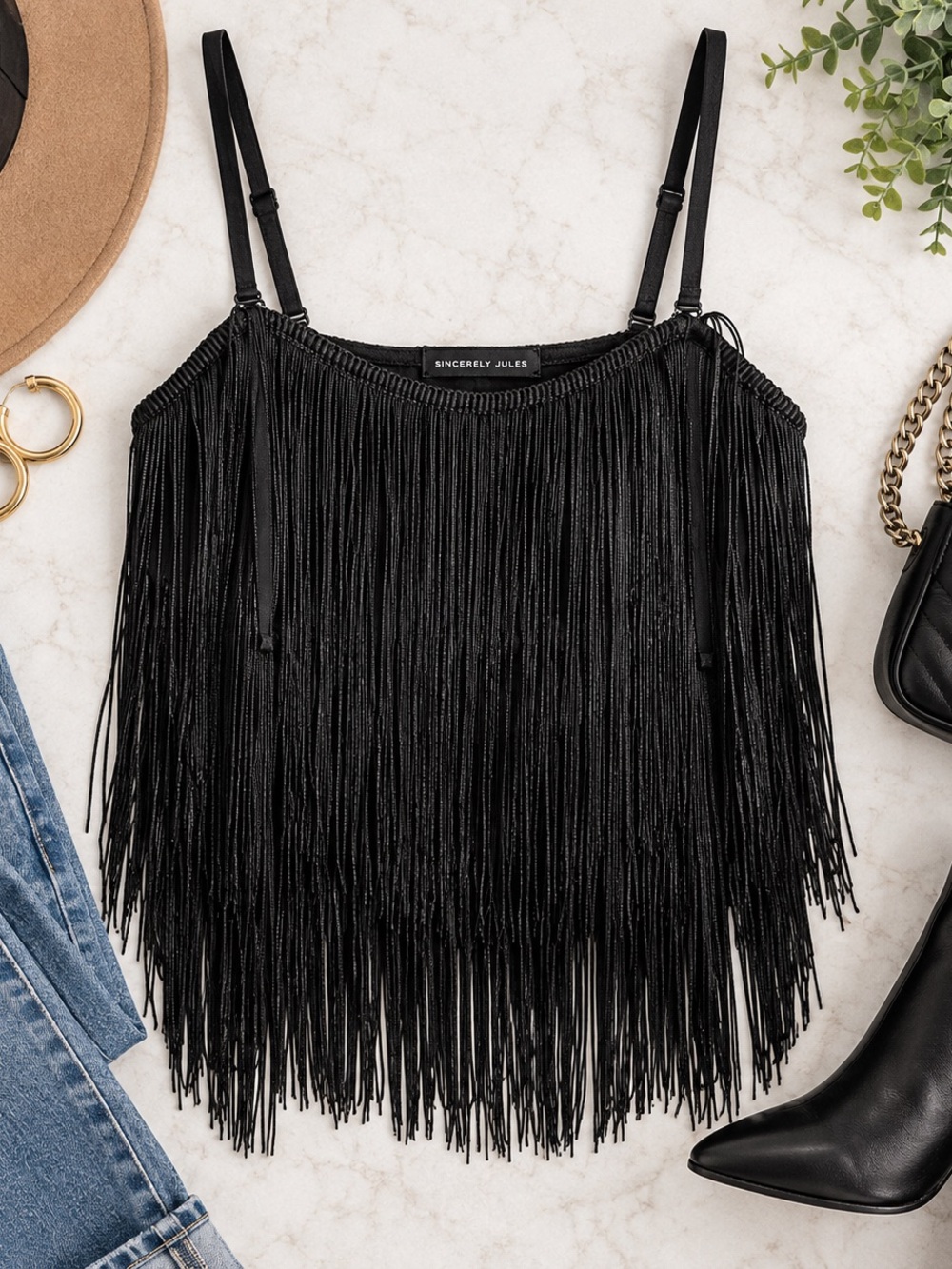Sincerely Jules Black Fringe Cami Top – Size Small
